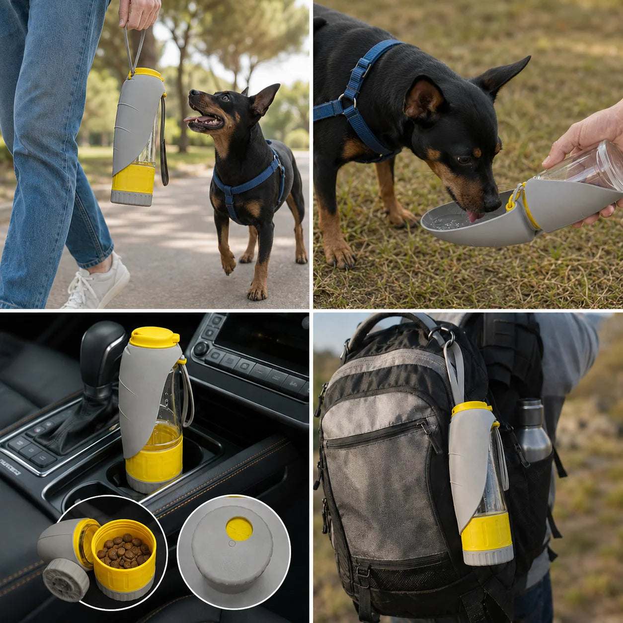 Lenvexa PawSip amarillo y gris en paseo, parque, coche y mochila de viaje